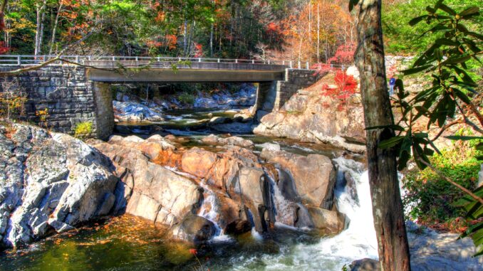 Smoky mountain rocky waterfall river flowing in autumn fall leaves nature